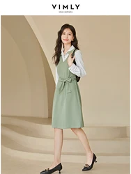 Vimly Elegant Striped Fake Two Piece Shirt Dress for Women Autumn Fashion New Tie Belt A-line Green Dresses Women's Clothing