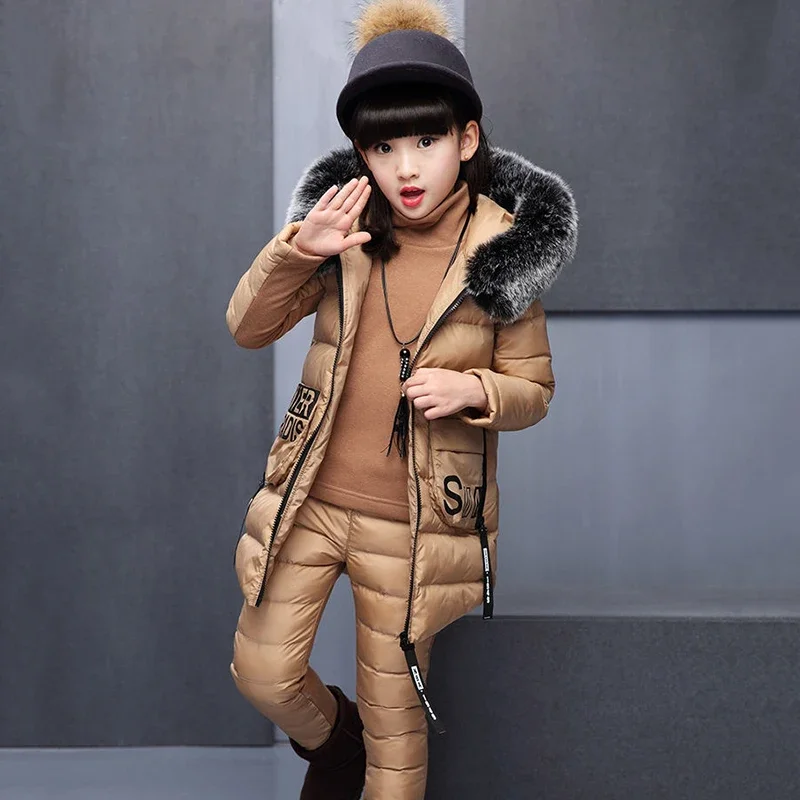 Winter Girls Cotton Padded Conjuntos Hooded Faux Fur Collar Vest + Slim Warm Tops + Down Spliced Pants Thick Kids 3 Piece Set