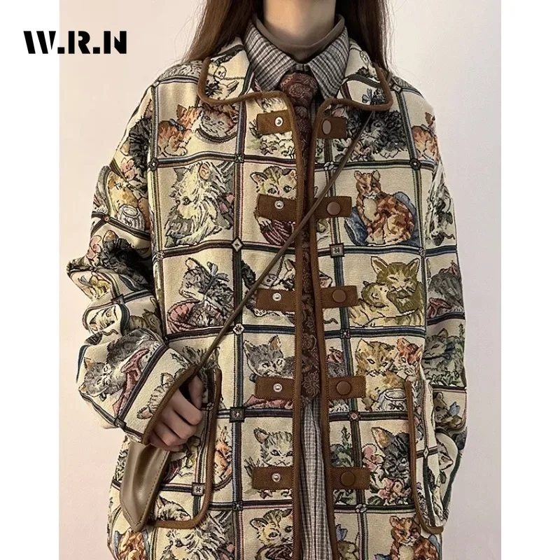 2023 Winter Female Vintage Style Single Breasted Loose Jacket Women Turn Down Collar Animals Print Fashion Retro Baggy Coat