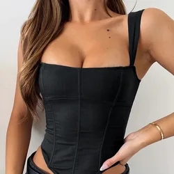 French Square Neck Sleeveless Tops Womens Lace-up Bustier Corset Sexy Halter Camisole Tank Top Casual Slim Bodice Shapewear Vest