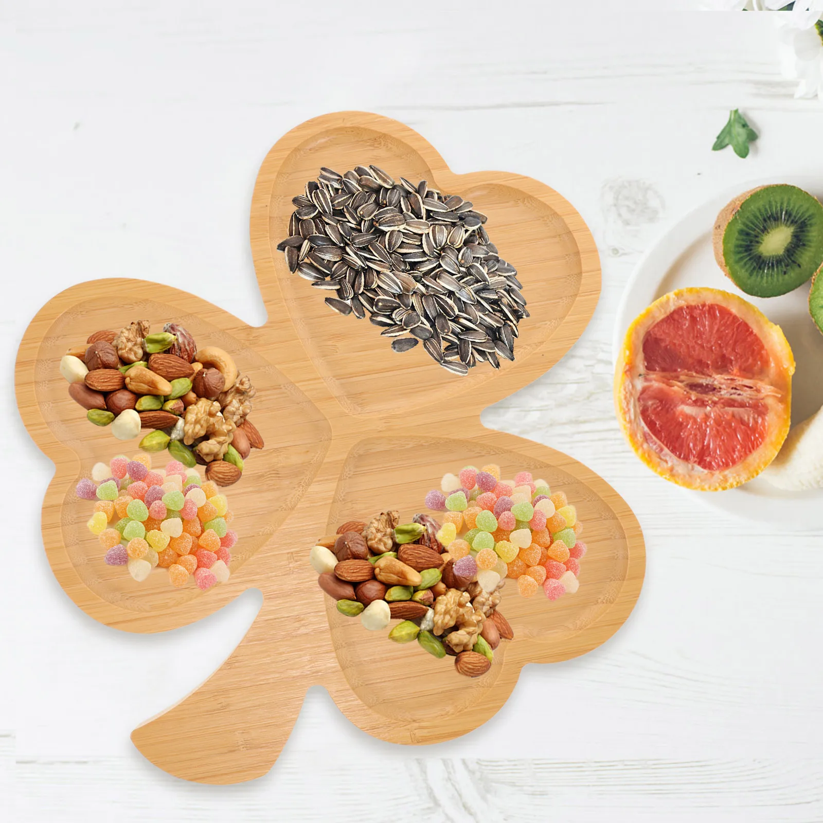 

Bamboo Serving Shamrock Shape Fruit Storage Plate For Dessert Snack Food Display Kitchen Bar Tray Bamboo Fruit Tray