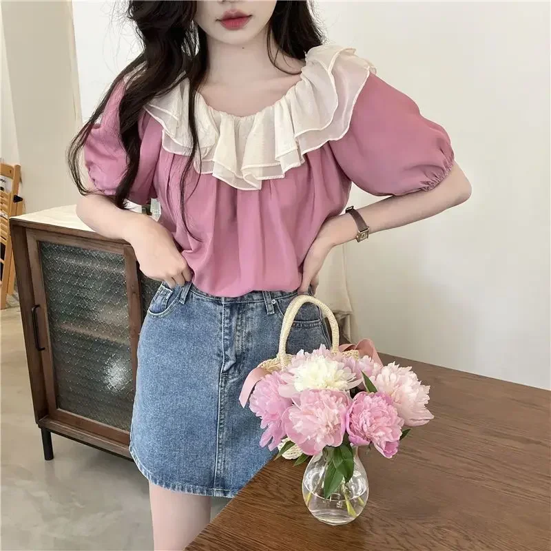 

French Short Sleeve Shirts Women,slash Neck,exposed Shoulder,ruffled Design Blouses,unique Summer Tops,sweet Blusas