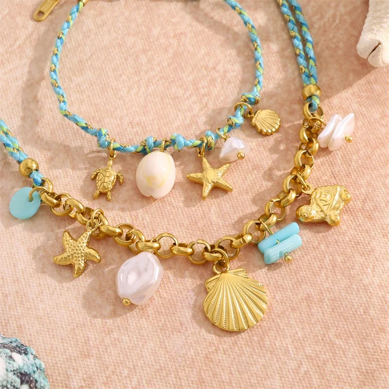 EILIECK Ocean Series Edelstahl Seestern Muschel Anhänger Halskette Armband Set Exklusive Kordelkette Schmuck für Damen – Detail 18