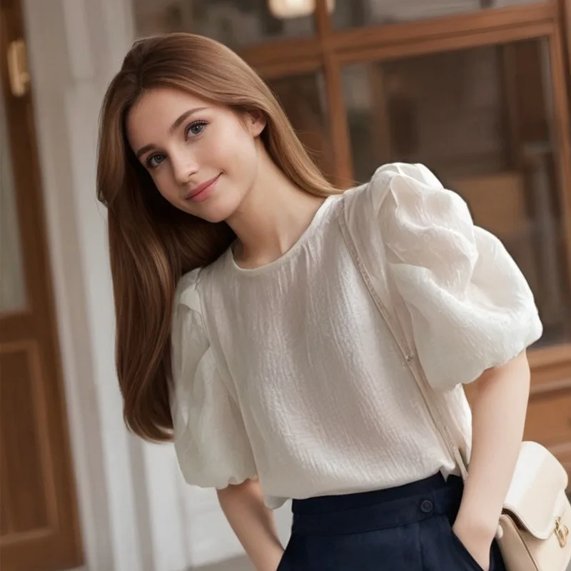 

2025 Summer New Sle Women's Top Bubble Sve round Ne ort Sve Gentle Chiffon irt Age-Defng Versatile Faionabl...