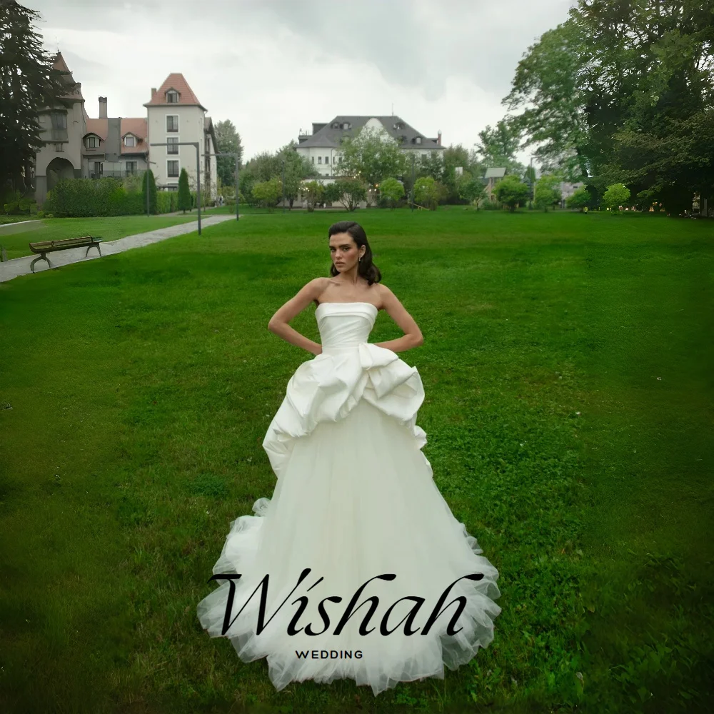 Wishah Customized Strapless Sleeveless Pleated High/Low Bow Grown Long Dress Irregular Hem Bridal Gown for Wedding Party 2027