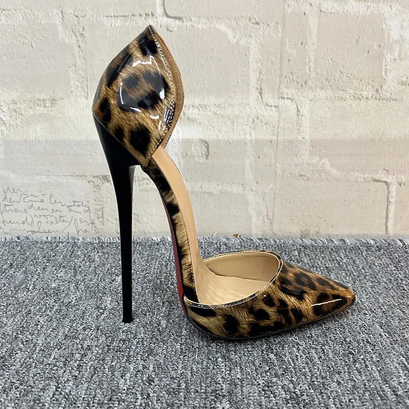 CACA 16/14cm Leopard Patent Leather Women Pumps, Fetish High Heels, Mid Shallow Out Bed Shoes, Pointed Toe, Blue, Black, Custom Colors