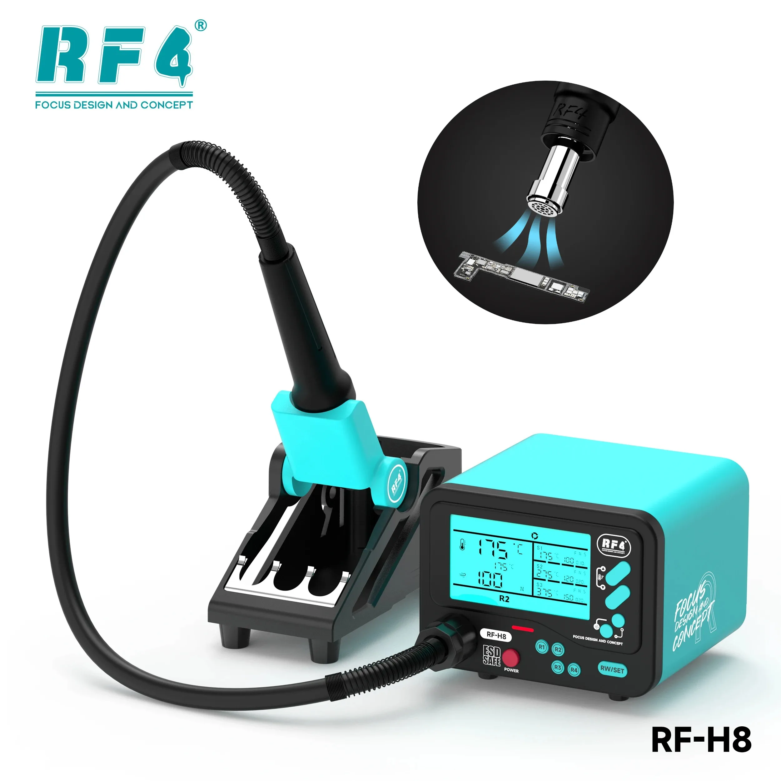 

RF4 RF-H8 Светодиодная цифровая станция горячего воздуха, встроенный режим мотового воздуха, эксклюзивная 4-канальная память, паяльная станция для сварки SMD BGA