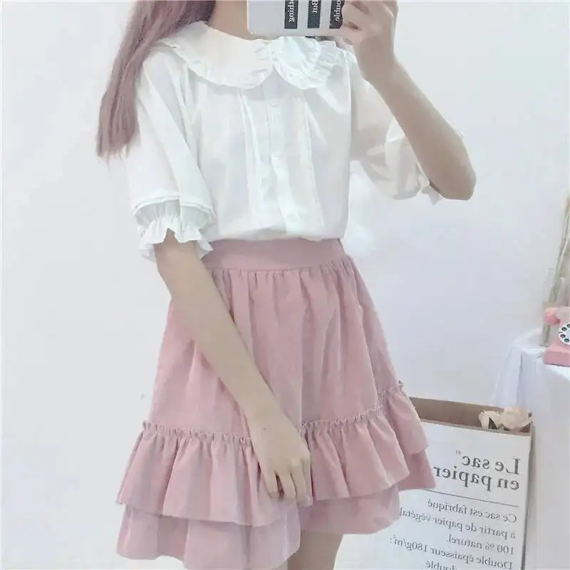 Preppy نمط Kawaii بيتر بان طوق البلوزات المرأة الصيف الحلو كشكش قصيرة الأكمام قميص أبيض فتاة اليابانية لوليتا Jk القمصان #3