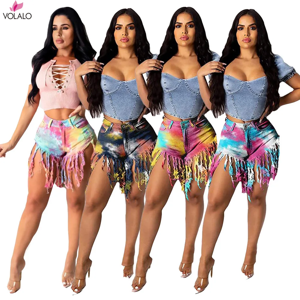 

VOLALO 2024 New Women Tie Dye Print Tassel Mid Waist Sexy Ripped Jeans Shorts Fashion Summer Short Denim Trousers Pants