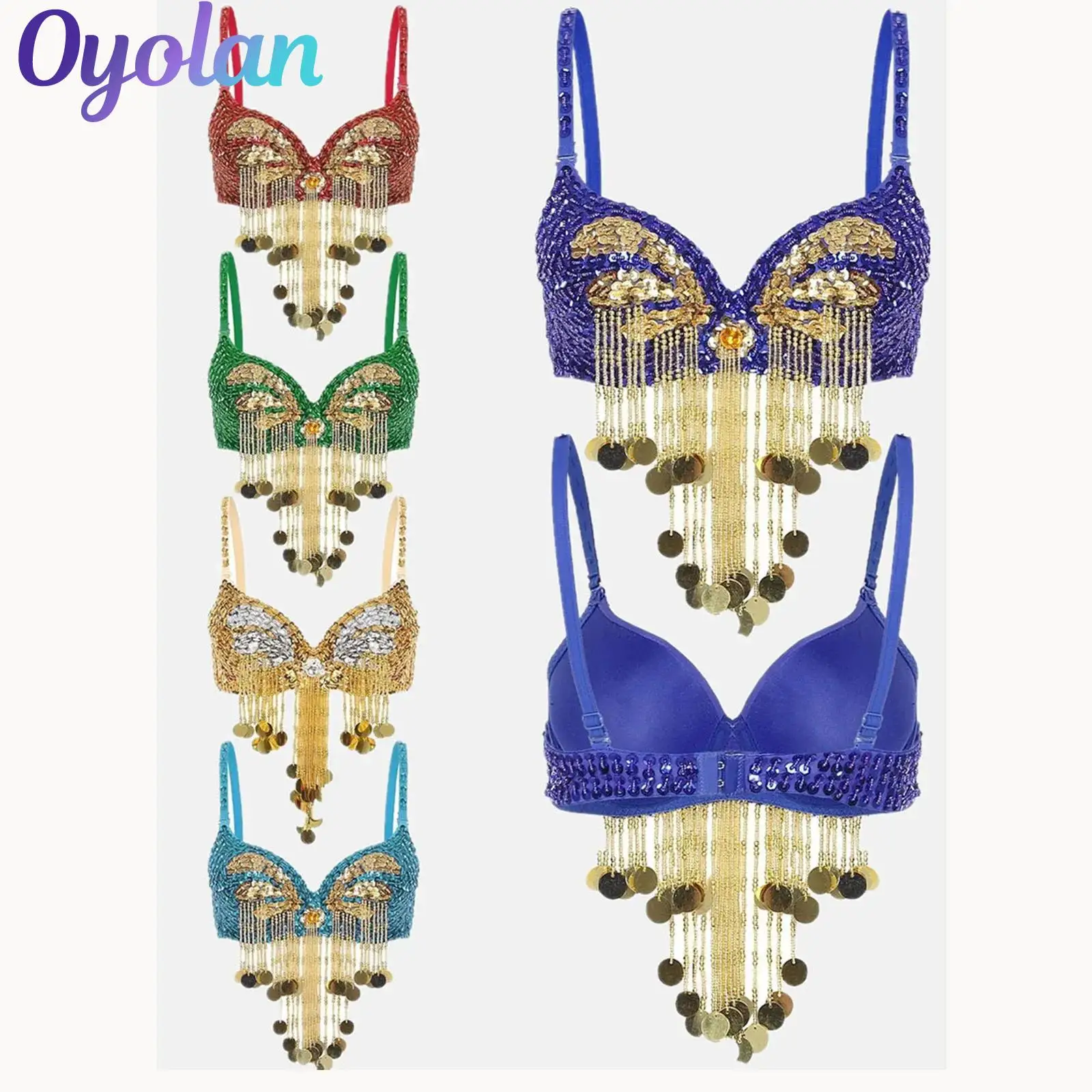 

Womens Plastic Beaded Tassels Belly Dance Tops Boho Festival Performance Costume Adjustable Straps Shiny Sequins Underwired Bra