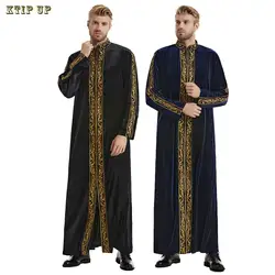 Ethnic Shirt Muslim Men's Jubba Thobe Kaftan Prayer Dress Qatar Pakistan Djellaba Islam Cloth Arabic Male gold velvet Long Robe