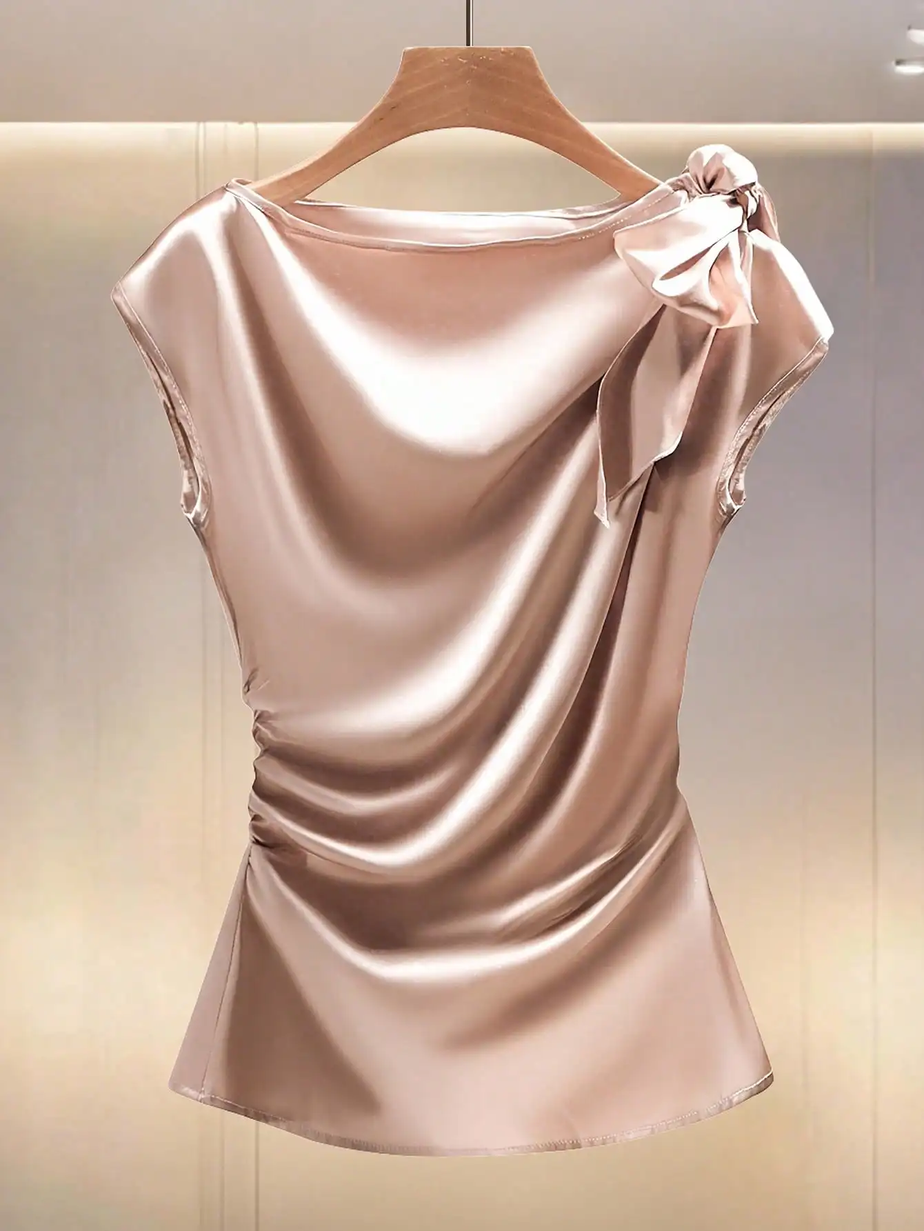 BWQ Camicetta in raso plissettata con fiocco in vita tinta unita Camicetta in raso con fiocco Camicetta marrone Top in raso rosso scuro Rosso vino