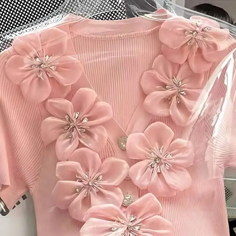 

2025 Summer Women's Beaded V Neck Short Sleeve Knit Top 3D Floral Embroidered Slim Fit Sweet Classy Casual Blouse Female Clothes