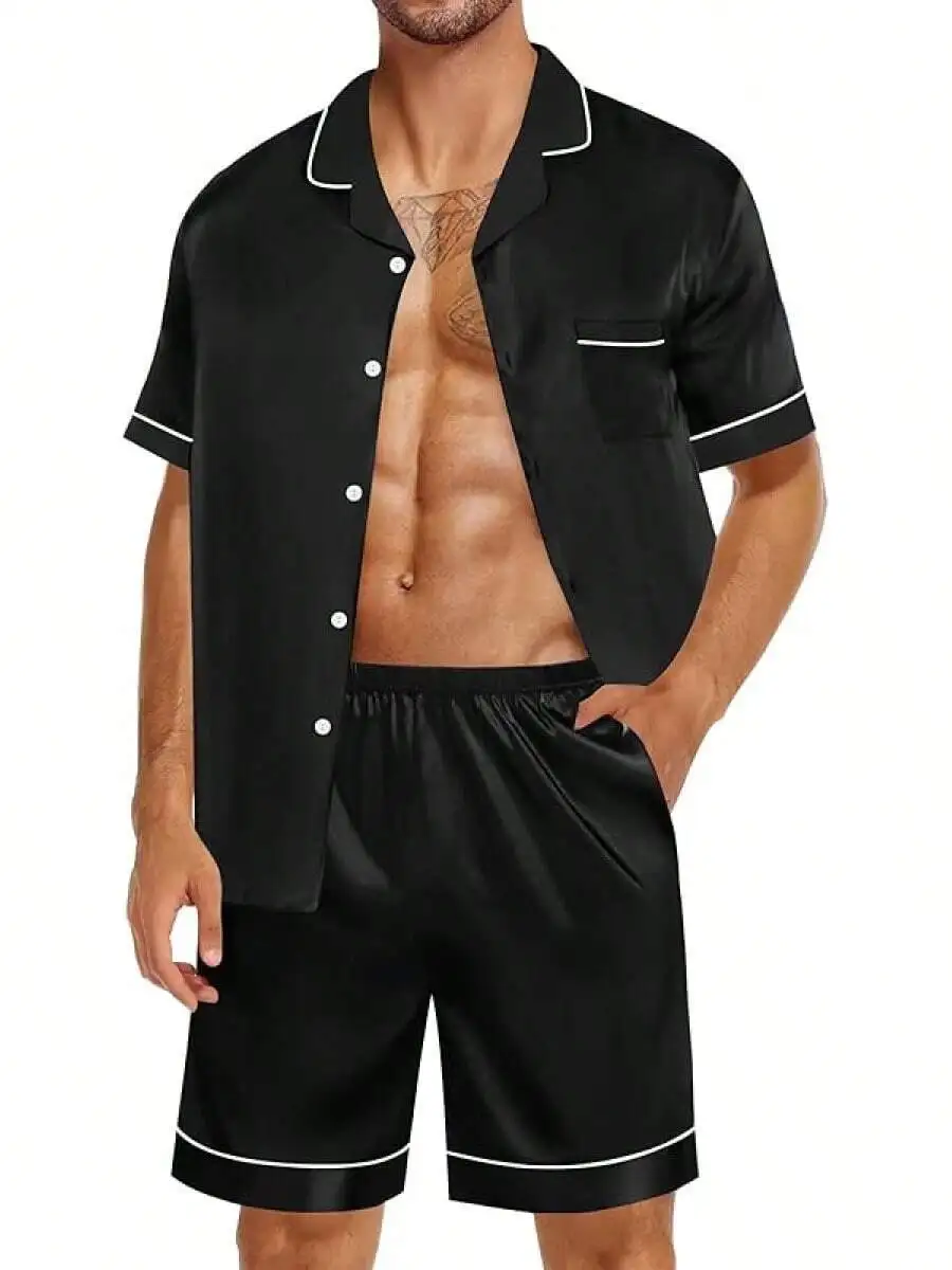 

Mens Satin Silk Pajama Set Short Sleeve Button Down Sleepwear With Pocket