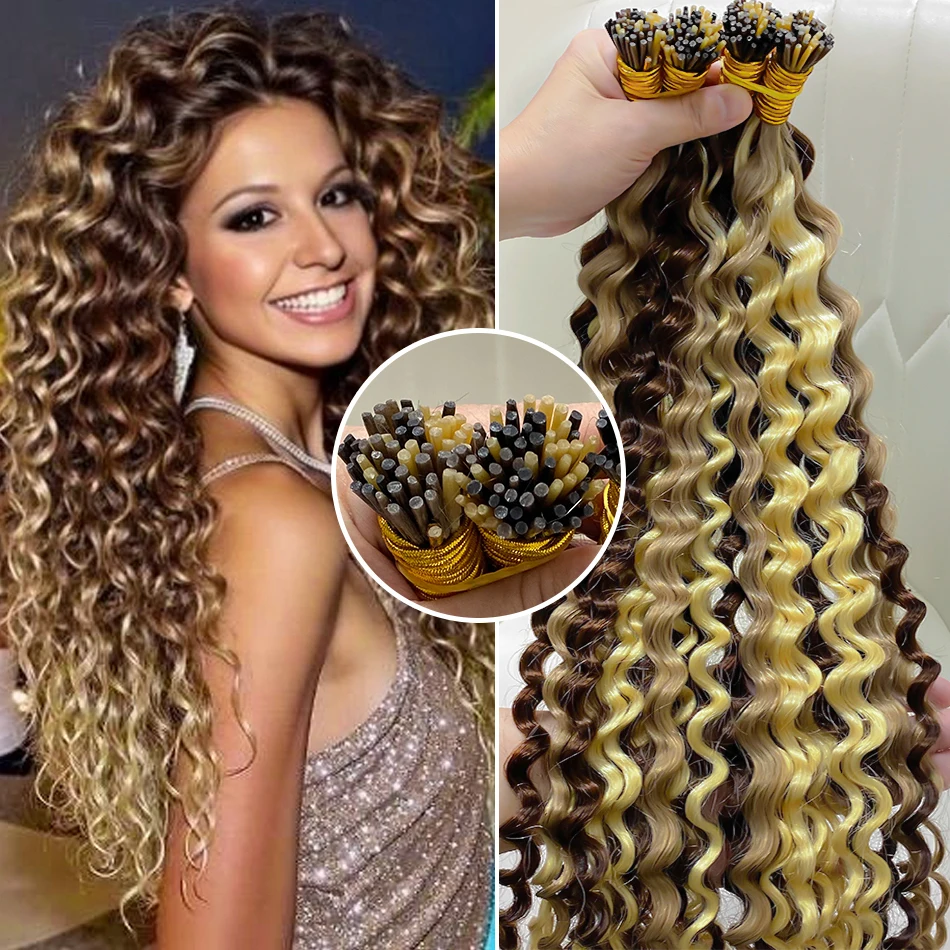 

Наращивание волос I-Tip Deep Wave, 100% натуральные волосы, кудрявые, двойной слой, микролинки, пучки с густыми концами