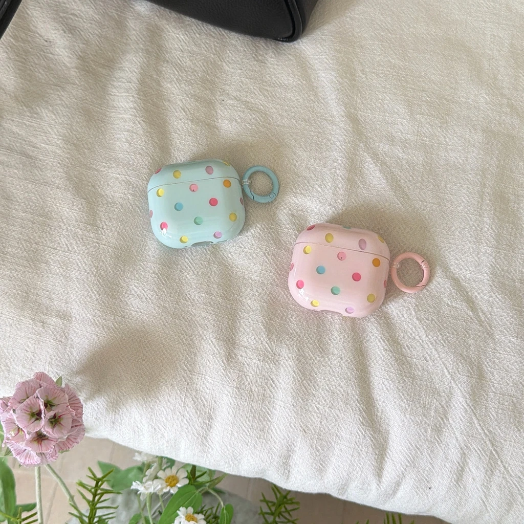 Spring Summer Dopamine Girly Style Colorful Polka Dots Glossy With Hook Earphone Cover Case for AirPods 1 or 2 3 4 5 Pro 2 Pro 3