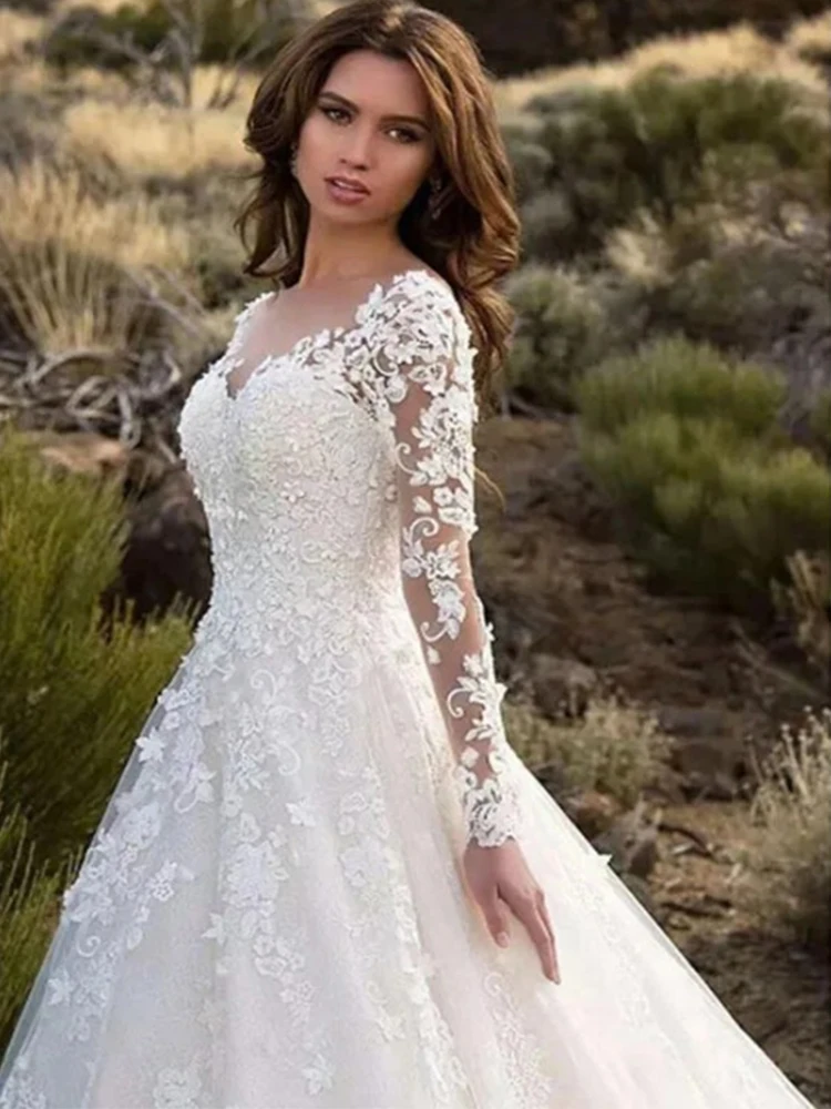 Vestido De Novia De lujo con manga larga y cuello en V, traje De Novia elegante con apliques De encaje, hecho a medida, 2023