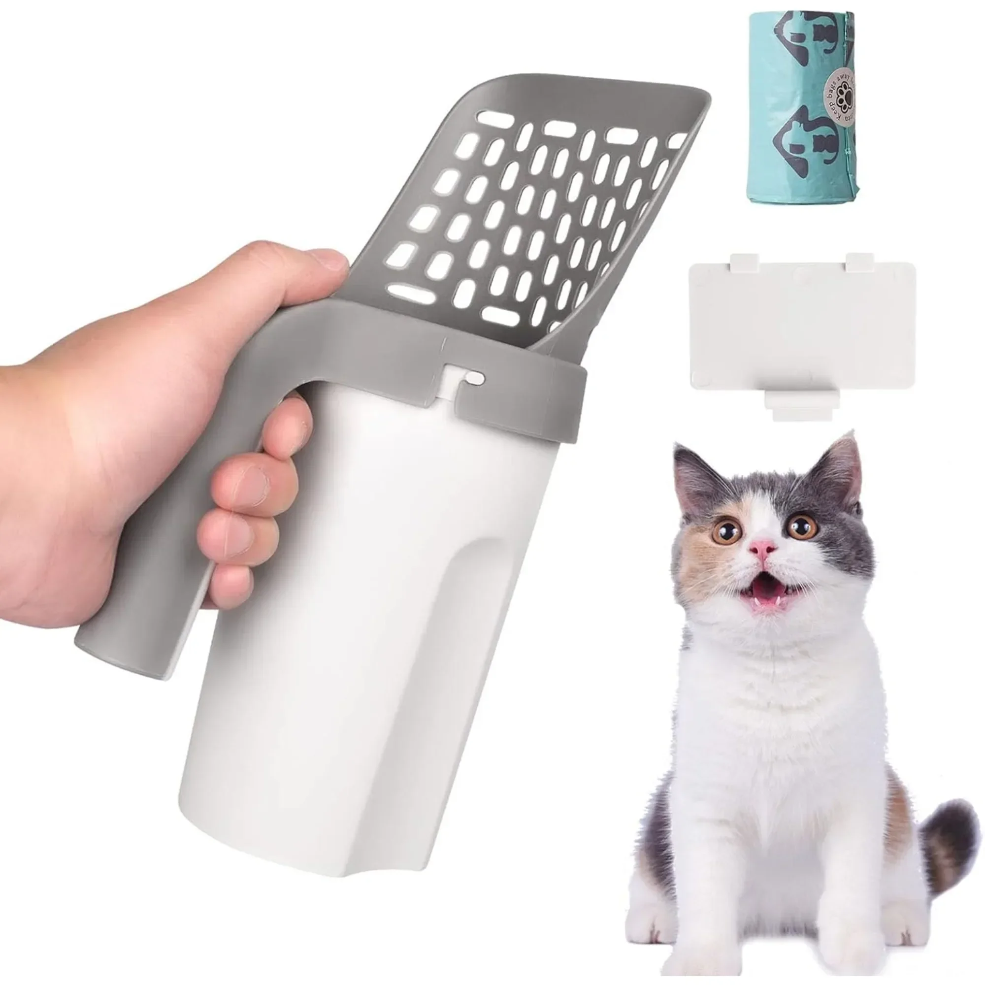 

Cat Litter Scoop Shovel For Pet Filter Clean Toilet Garbage Picker Holder Integrated Detachable Pet Supplies with Refill Bag