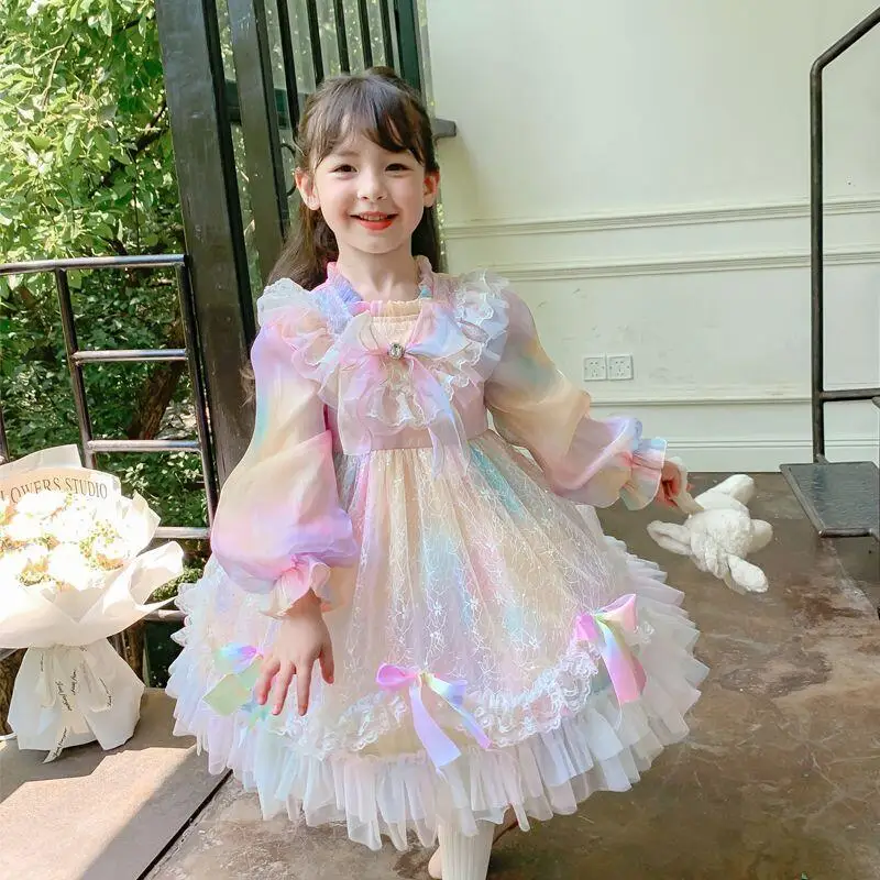 Children's Rainbow Colors Princess Lolita Dress Bow Decoration Puff Skirt Gir Lace Layered Dress Party Festival Ball Gown Gift