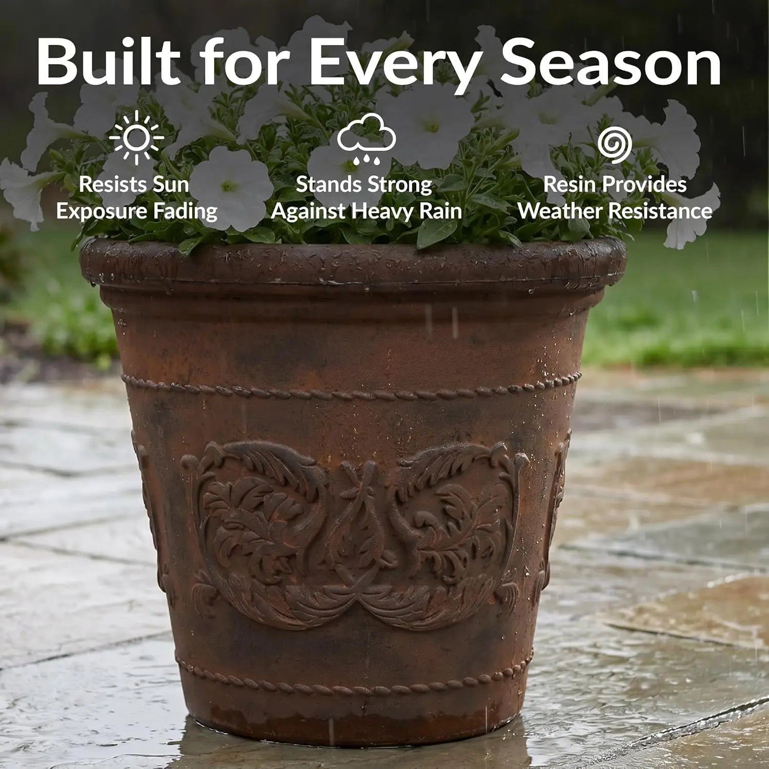 19.5 Inch Large Round Plastic Planter Pot, Set of 4 Indoor‑Outdoor Plant Container for Flowers, Shrubs and Greenery, Rust