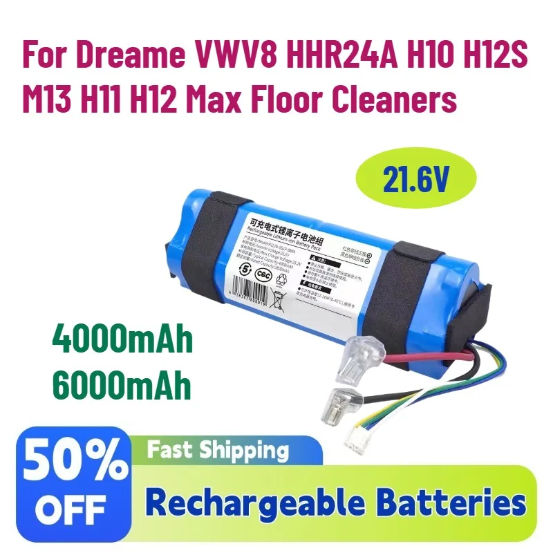 

High-Capacity 4.0Ah-6.0Ah 21.6V Rechargeable Lithium Battery for Dreame VWV8 HHR24A H10 H12S M13 H11 H12 Max Floor Cleaners