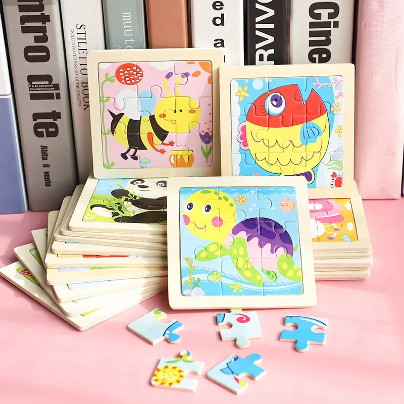 9-Grid Wooden Cartoon 3D Puzzle for Kids - Educational Learning Toy with Animal Designs Ideal for Students & Home Ornament