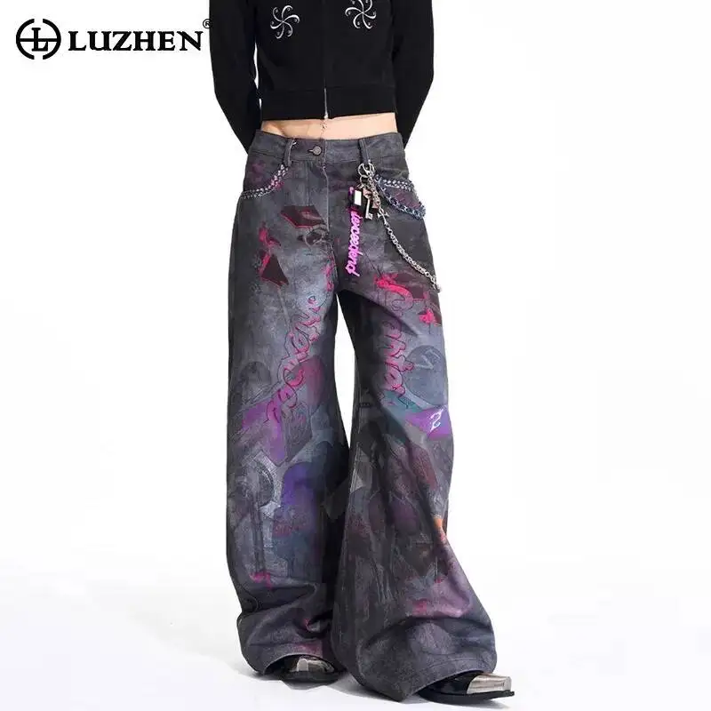 LUZHEN Wide Pants Loose Original Leg Denim Pattern Printed Men's 2025 New Personalized Street Vintage Style Casual Jeans JY7397