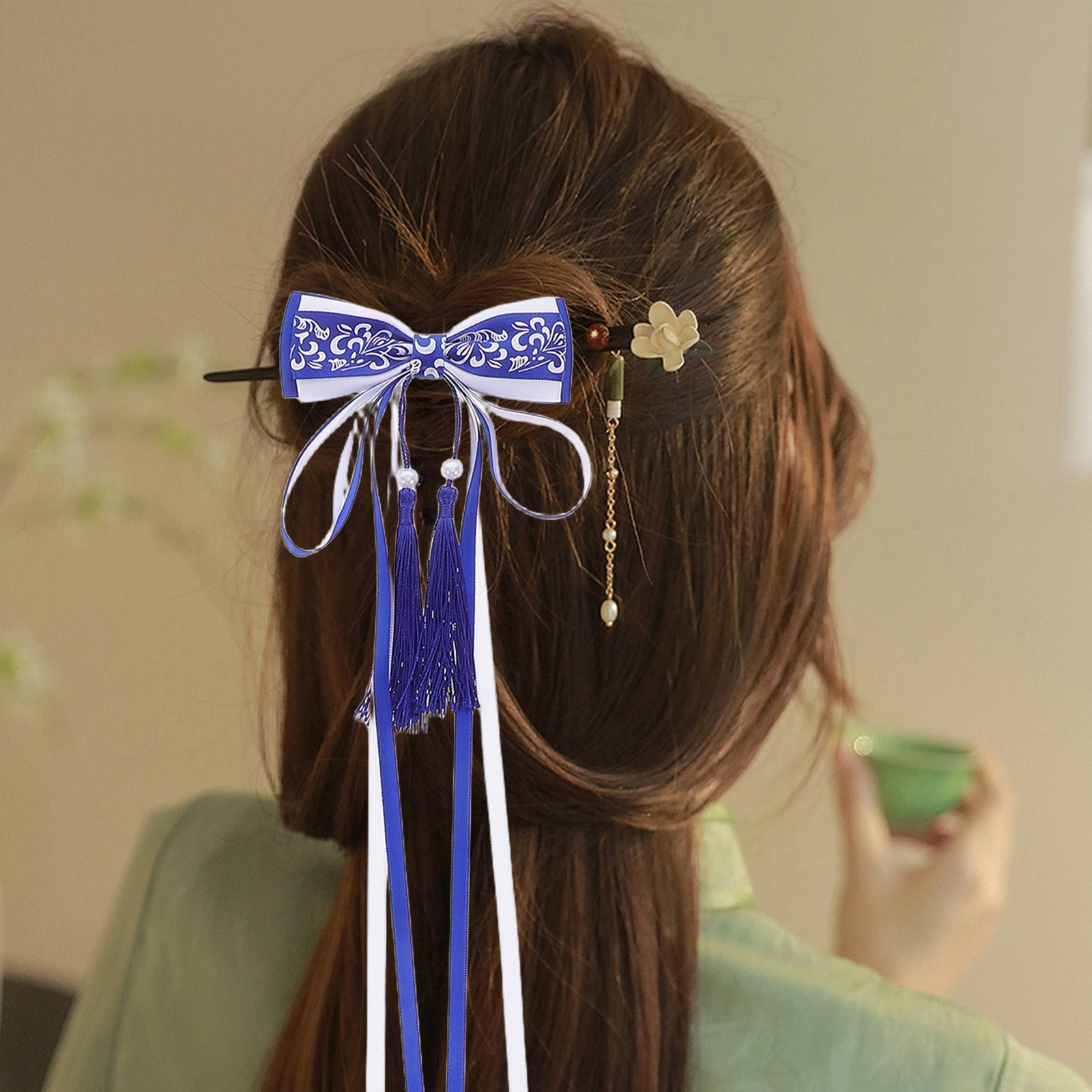 

2Pcs Blue Bow Hair Clips Chinese Vintage Tassel Ribbon Hair Accessories Hanfu Holiday Festival Bow Blue Clip Accessory