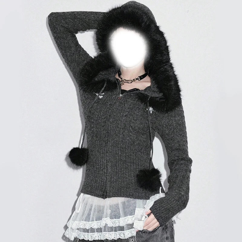 سترة محبوكة مزخرفة بياقة من الفرو للسيدات من Tik Tok بأكمام طويلة ومطرزة غير رسمية Y2K للتنقل على الطراز القوطي للفتيات