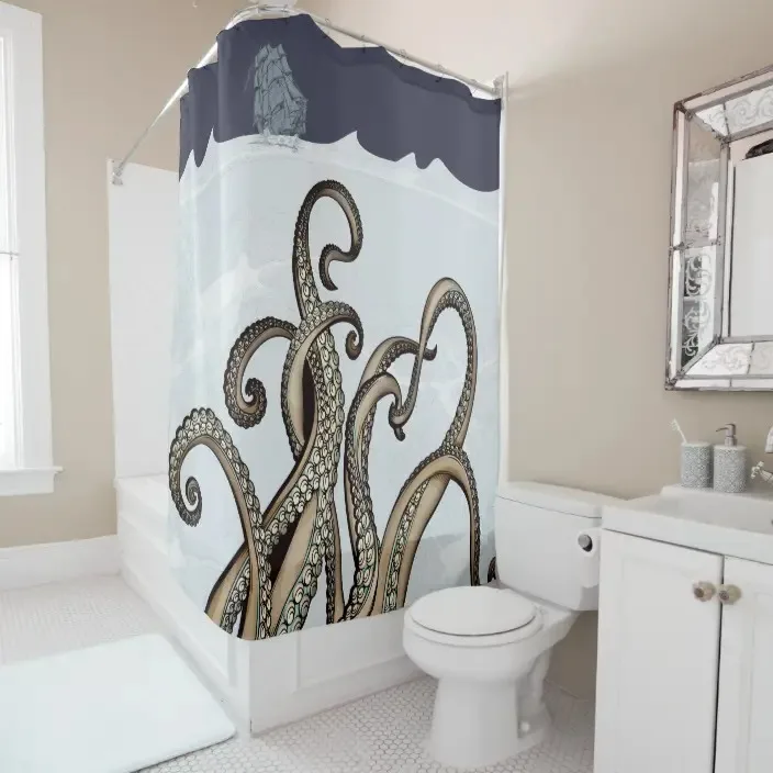 Vintage Ocean Octopus Kraken and Sailboat Illustration Shower Curtain Bathroom Curtain Hook Decorative Bathroom Curtain