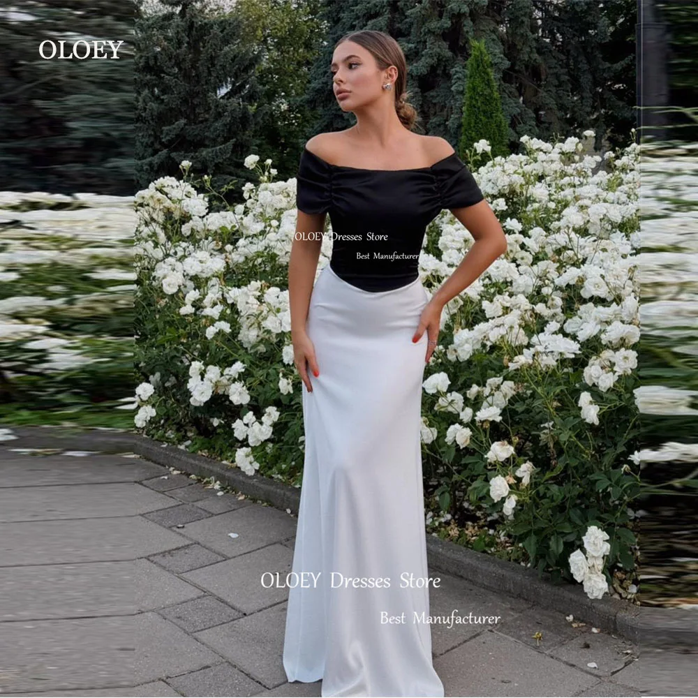 

OLOEY Simple Black And White Mermaid Evening Dresses Off Shoulder Sleeves Arabic Women Prom Gowns Formal Party Dress Simple