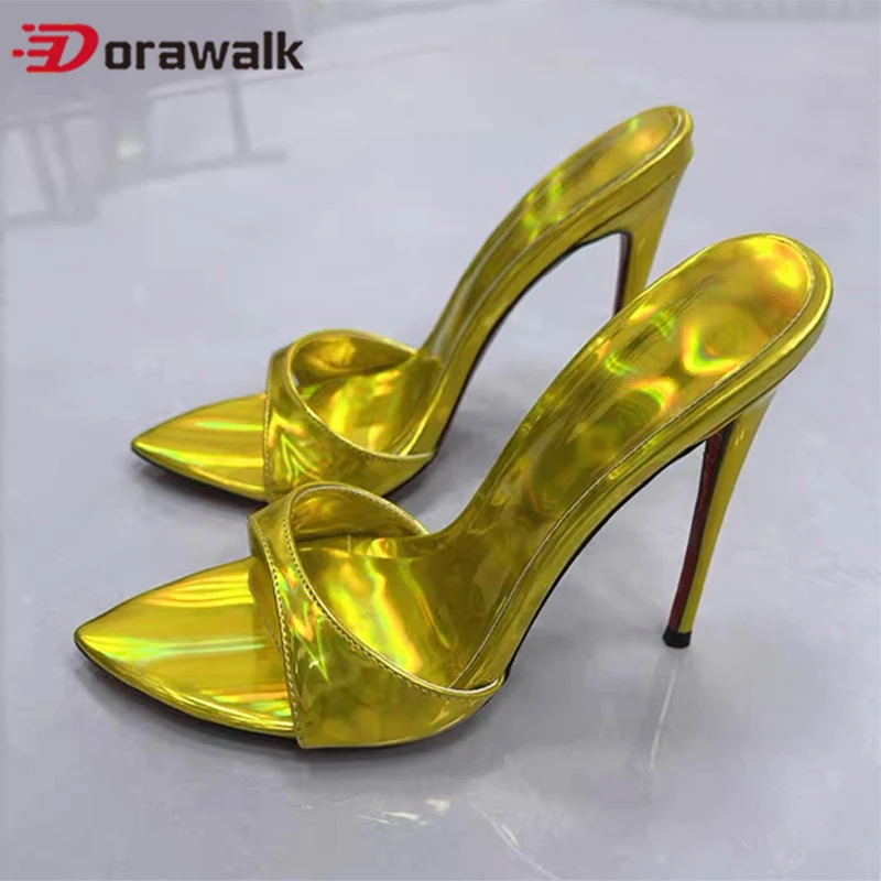 

Новые блестящие золотые женские повседневные сандалии с острым носком 12/10/8 см, летние сандалии для стриптиза на очень высоком каблуке, рабочая женская сценическая обувь
