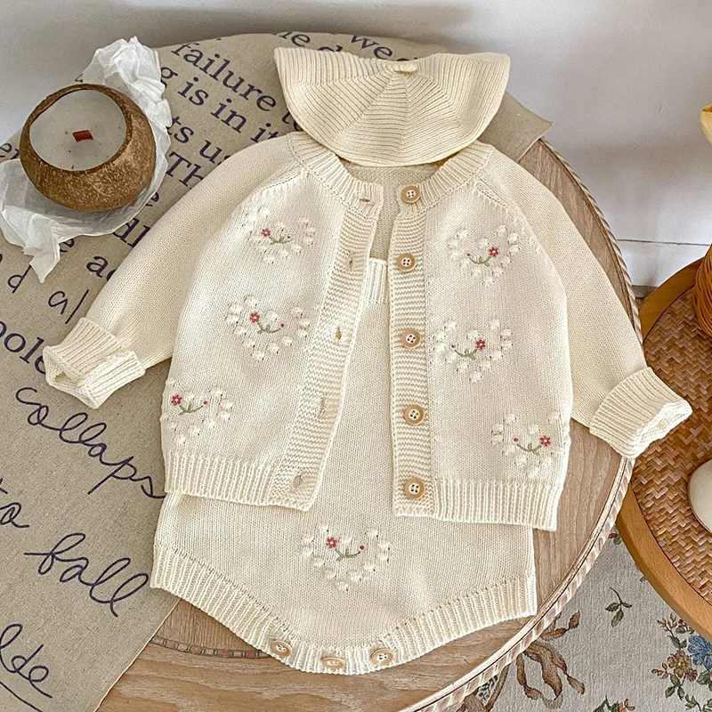 2024 New Autumn Newborn Baby Girl Clothing Set Long Sleeved Embroidery Cardigan+Jumpsuit Toddler Baby Girl Knitting Clothes Suit