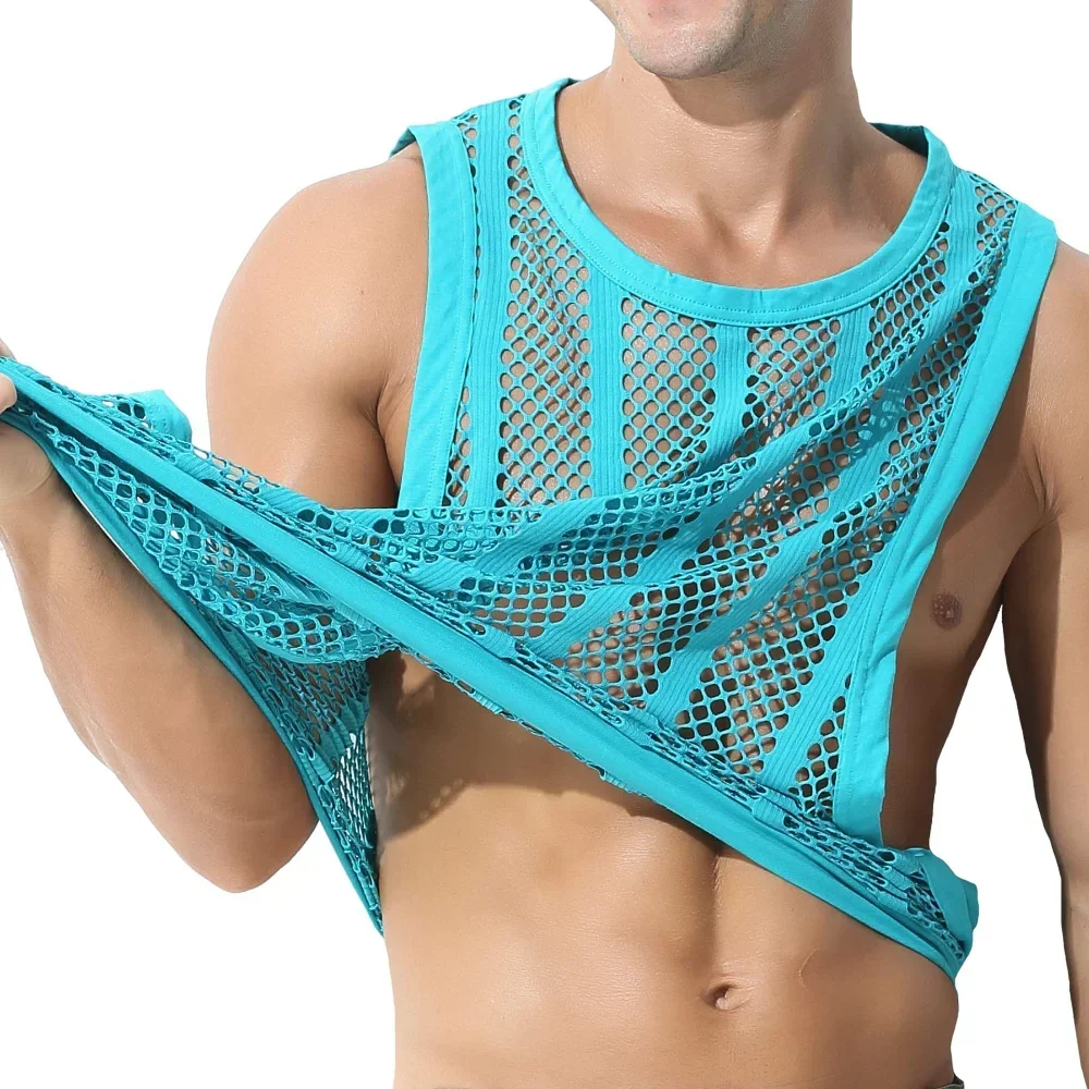 

Stretch Large Size Mesh Tops Men's Casual Hollow Out Sexy Vest Streetwear Men's Muscular Tank Tops Gym Clothing