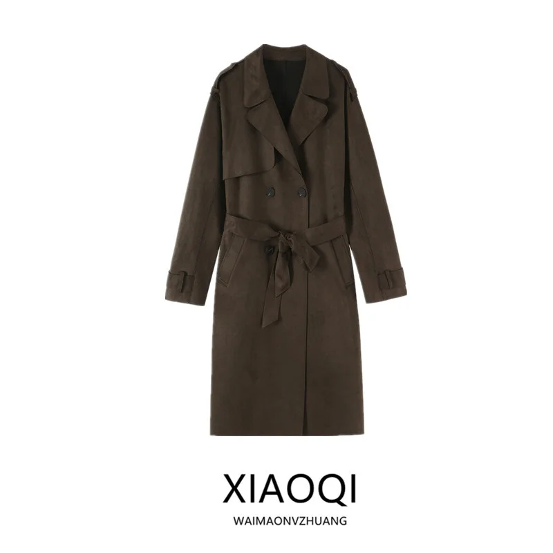 Loose Women's Fashion Windbreaker Coat with Belt 2026 Autumn New Arrival Elegant Long Style Double Button Medium Length