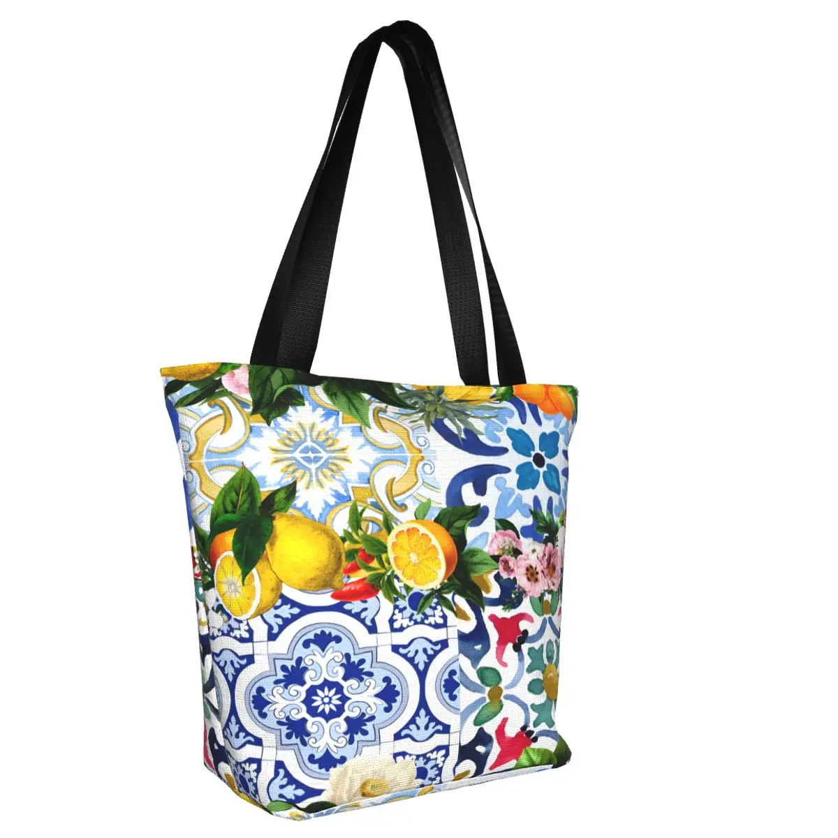 Custom Mediterranean Style Lemons Citrus Sicilian Tiles Shopping Canvas Bags Women Washable Grocery Shopper Tote Bags