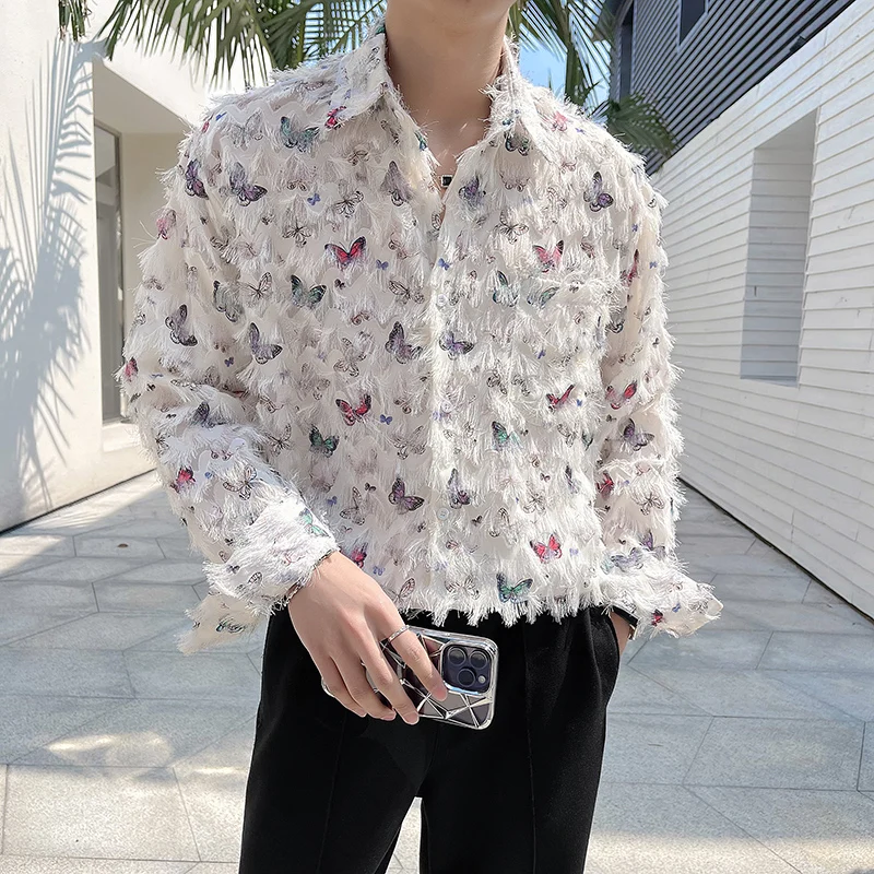 Furry Tassel Design Butterfly Decoration Long-Sleeved Shirts Men's High-End All-Match Loose Casual Fashion High Street Top