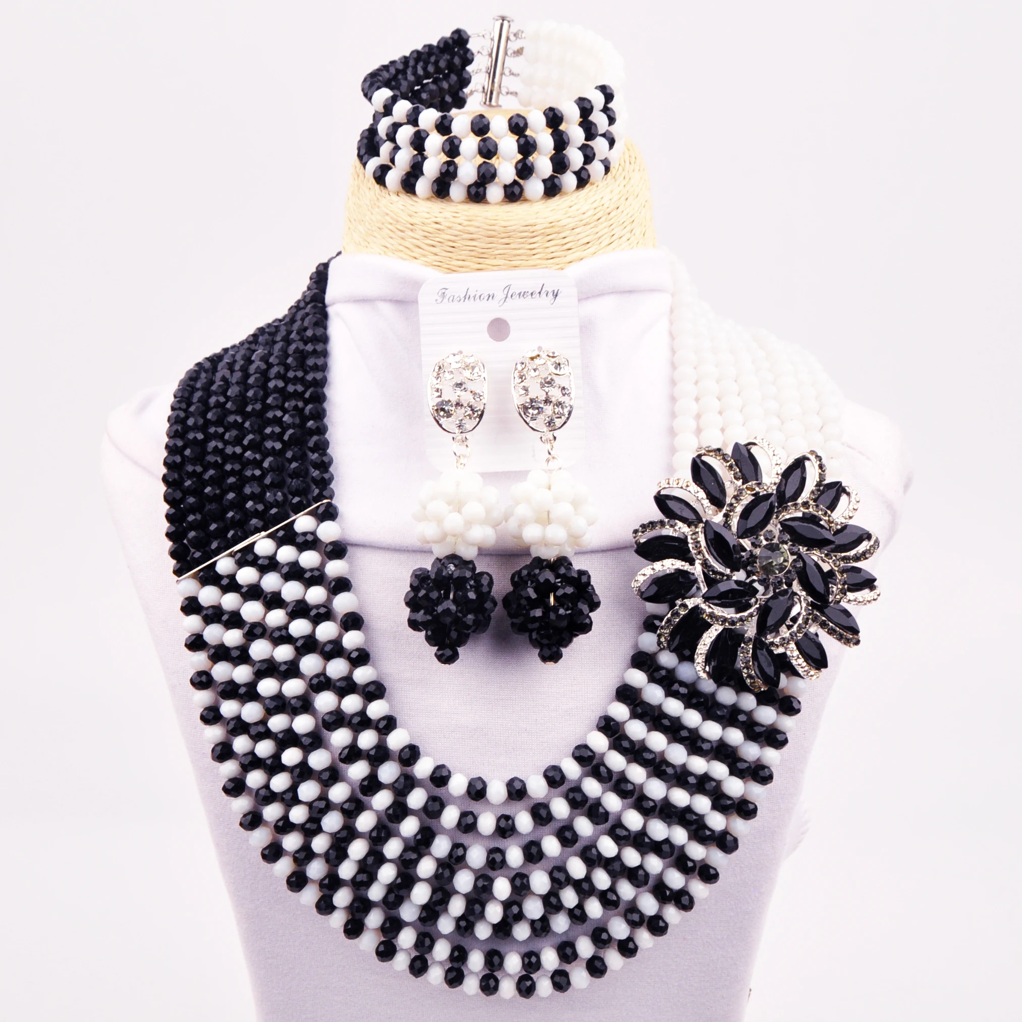 Black and White African Crystal Bead Necklace Nigerian Wedding Party Jewelry Sets