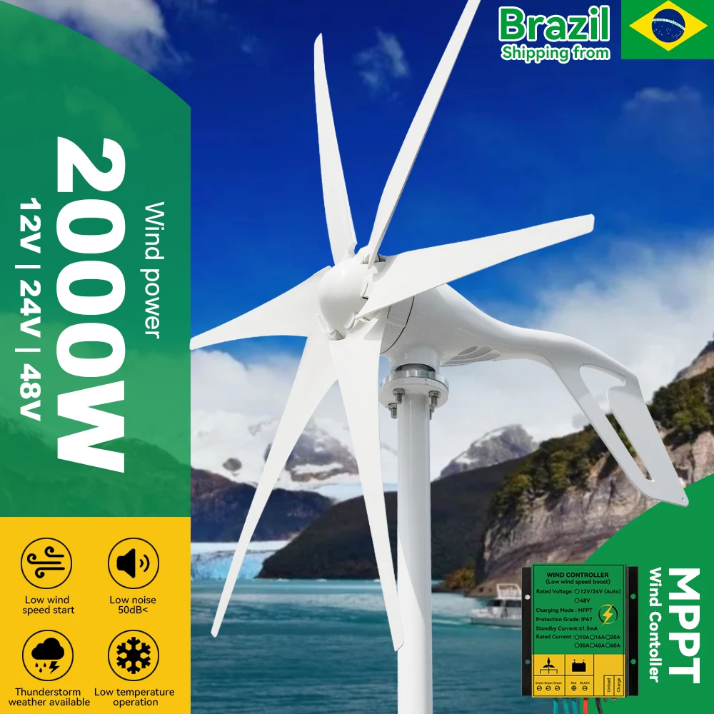 2000W Wind Power Generator Portable 12v 24v 48v 3/6 Blades With Mppt Charge Controller Windmill Free Erergy For Farm Home Use