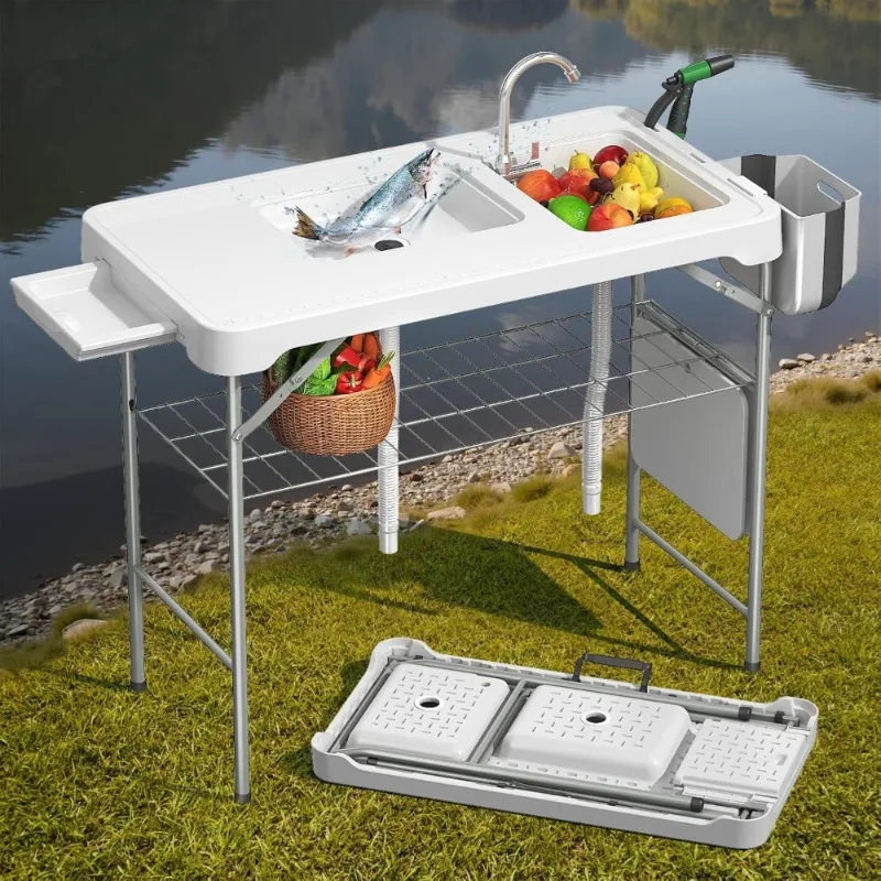 

Folding Fish Cleaning Table with 2 Sinks Portable Camping Sink Station Foldable Faucet Sprayer Storage Box Drawer Outdoor
