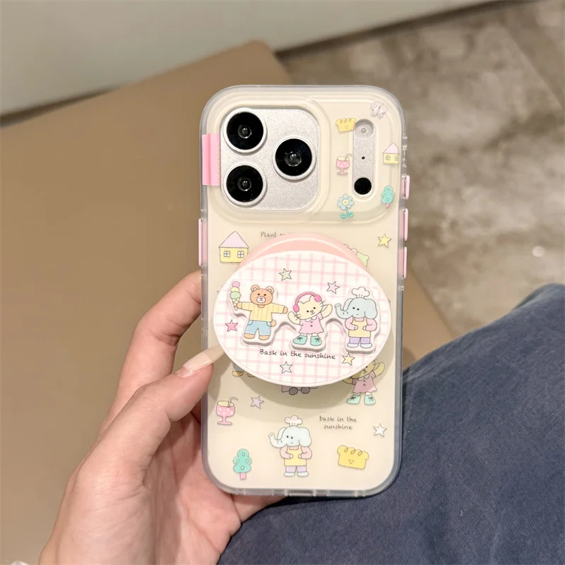 

Cute Cartoon Bear Rabbit Magnetic Phone Case For iPhone 15 16 17 Promax Shockproof Cover With Magsafe Pink Grip Stand Girls Gift