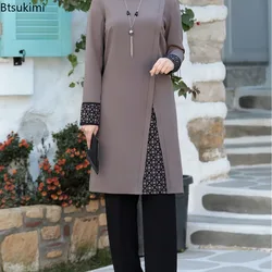 Eid Ramadan Women Muslim Dubai Abaya 2 Pieces Fashion Printed Shirt Tops and Wide Leg Pants Suit Women Islam Clothing Turkey Set