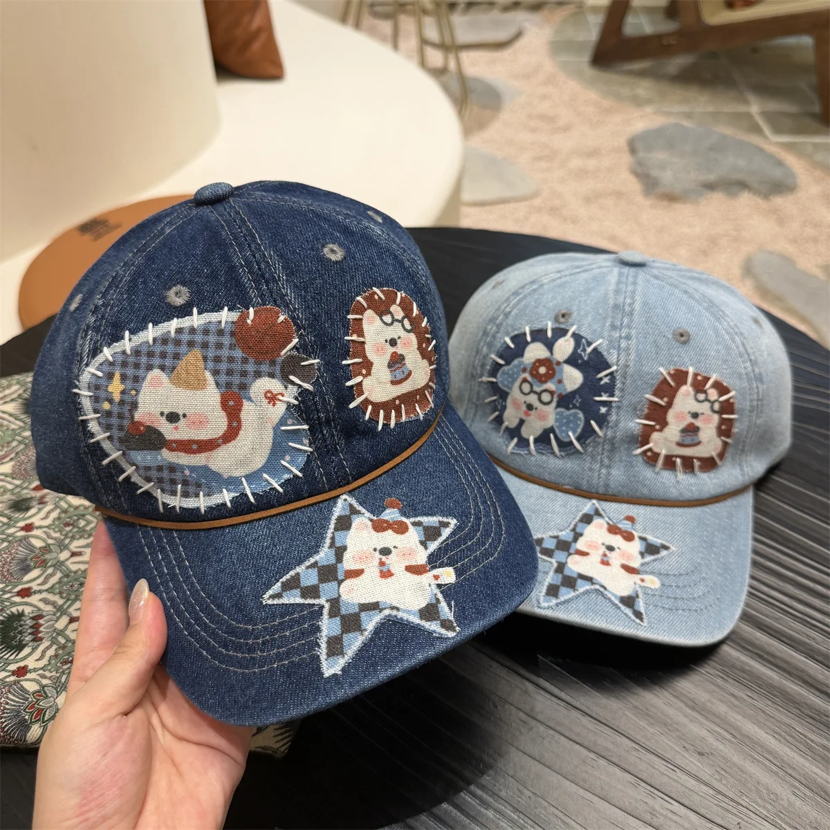 Cartoon puppy sticker denim baseball cap women's spring and summer fashionable personality hot girl sweet cool outdoor sunshade