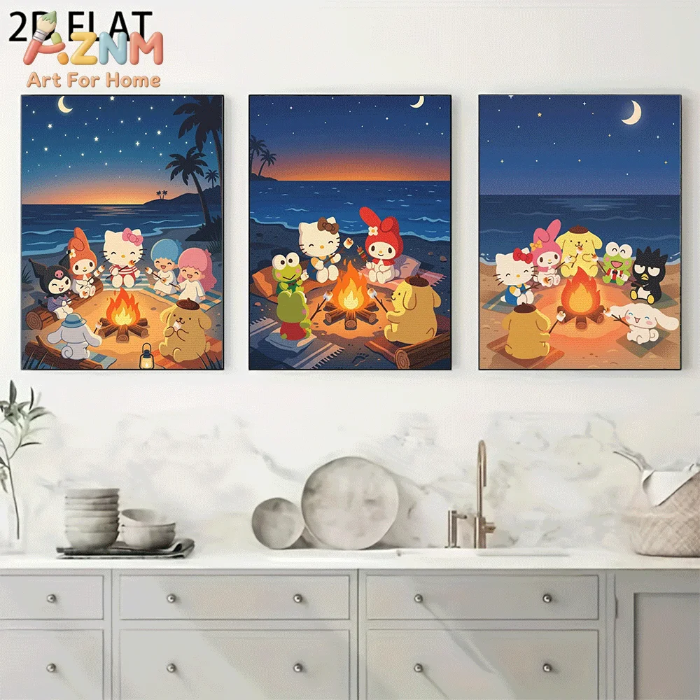 AZNM Sanrio Hello Kitty Friends Beach Campfire Canvas Wall Art Unframed Cute Cartoon Night Seaside Painting Kids Bedroom Home De