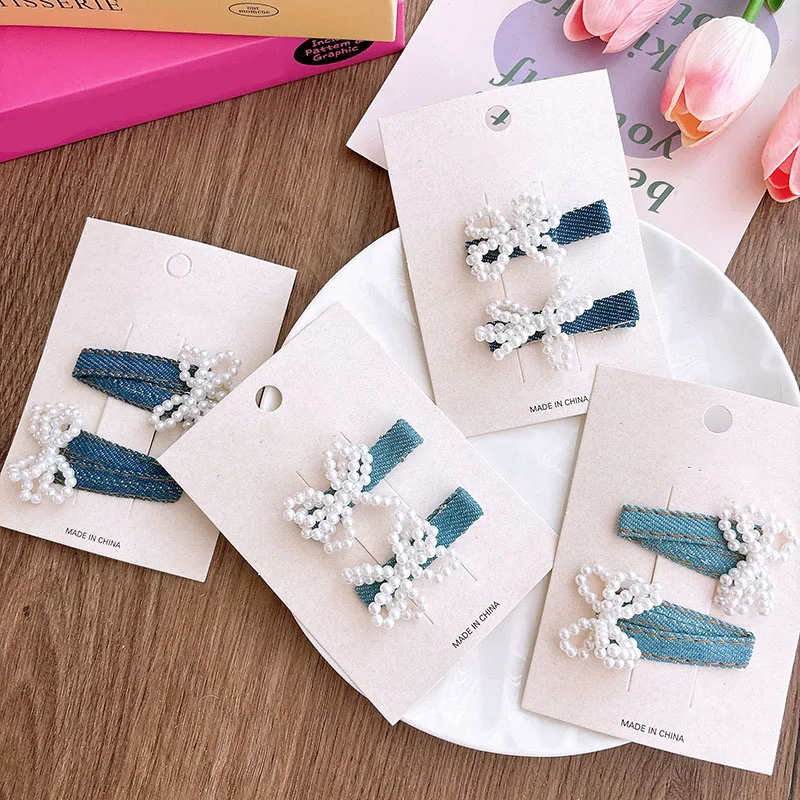 2Pcs Korean Sweet Denim Pearls Bowknot Hairpins Cute Girls Children Hair Clip Bangs Side Clip BB Hairpins Women Hair Accessories