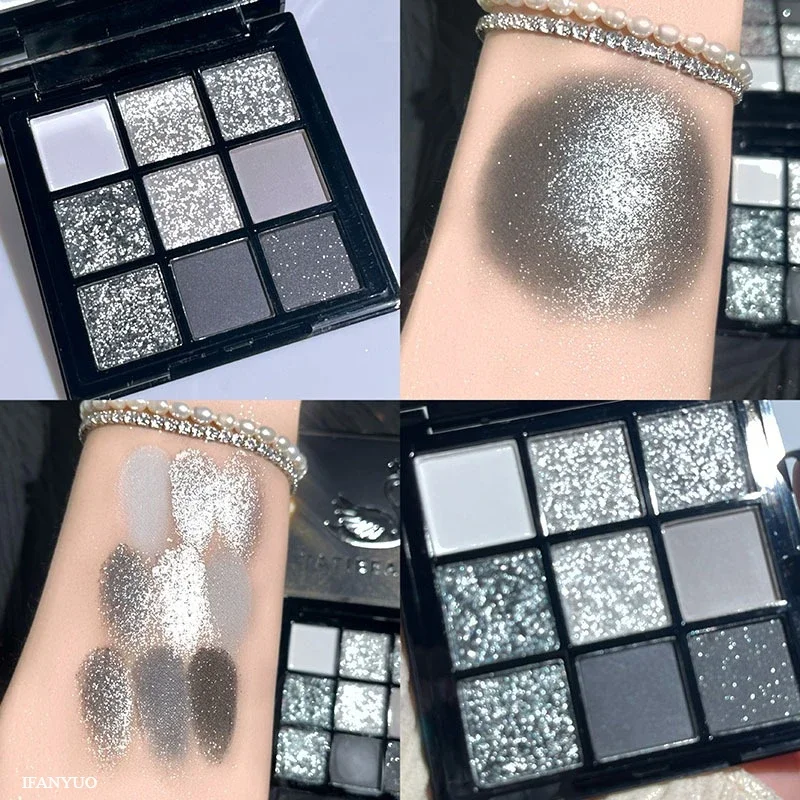 9-Farben-Diamant-Schwarz-Lila-Glitzer-Lidschatten-Palette, schimmernd, perlmuttartig, matt, rauchiger Stil, Bühnenparty, Performance-Make-up