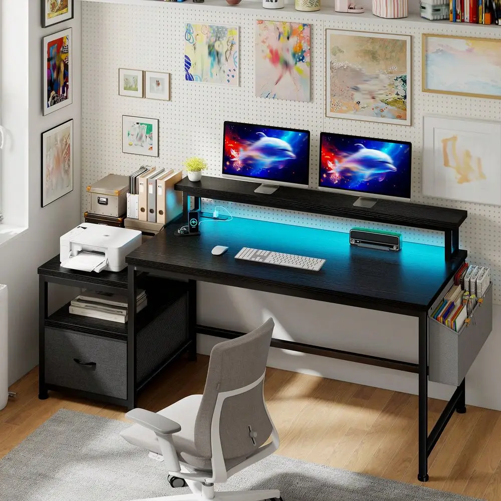 

standing desk l shaped desk tableComputer Office Desk With Power Outlets, Drawers, Printer Space, File Cabinet, Shelves Monitor