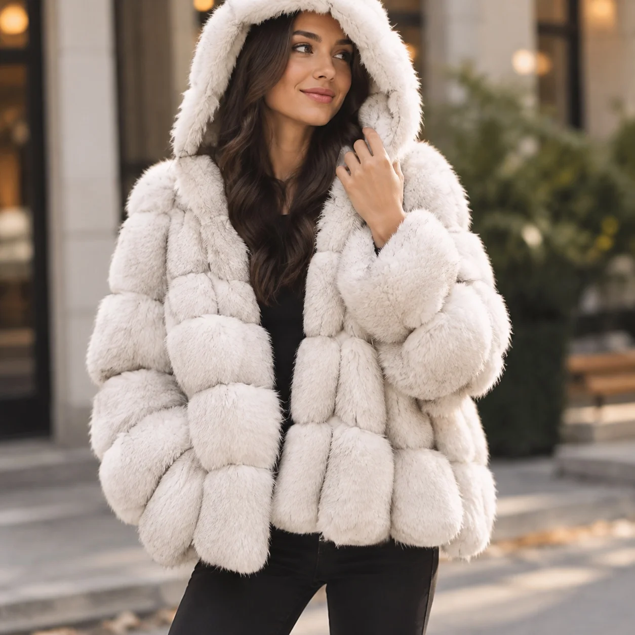 Patchwork Hooded Coat Regular Fit Streetwear with Collarless Elegant Regular Sleeve European and American Style Women Coat