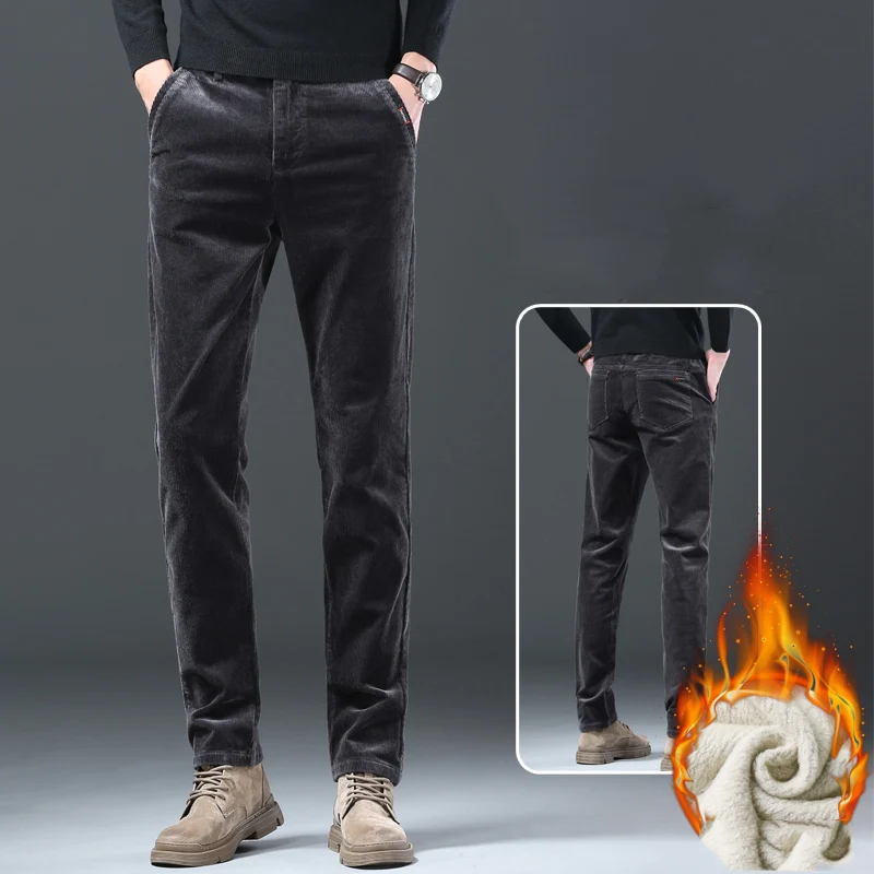 New Men Winter Thick Warm Corduroy Sweatpants Men Fleece Liner Straight Loose Track Pants Male Casual Fleece Thermal Trousers