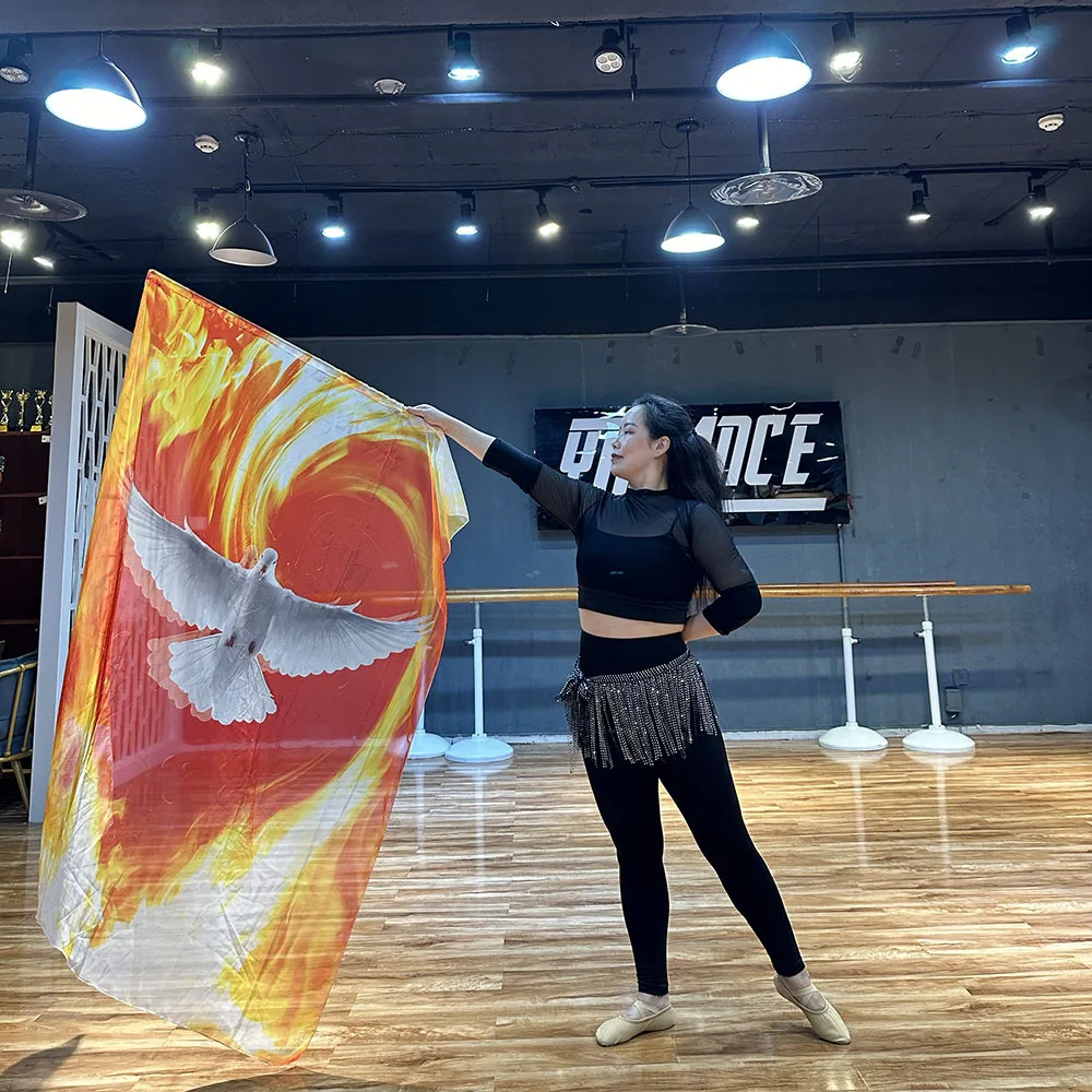 Bandera de adoración de gasa, accesorio de danza con diseño de paloma de la paz, decoración creativa para la espalda para danza de alabanza en presentaciones de iglesia